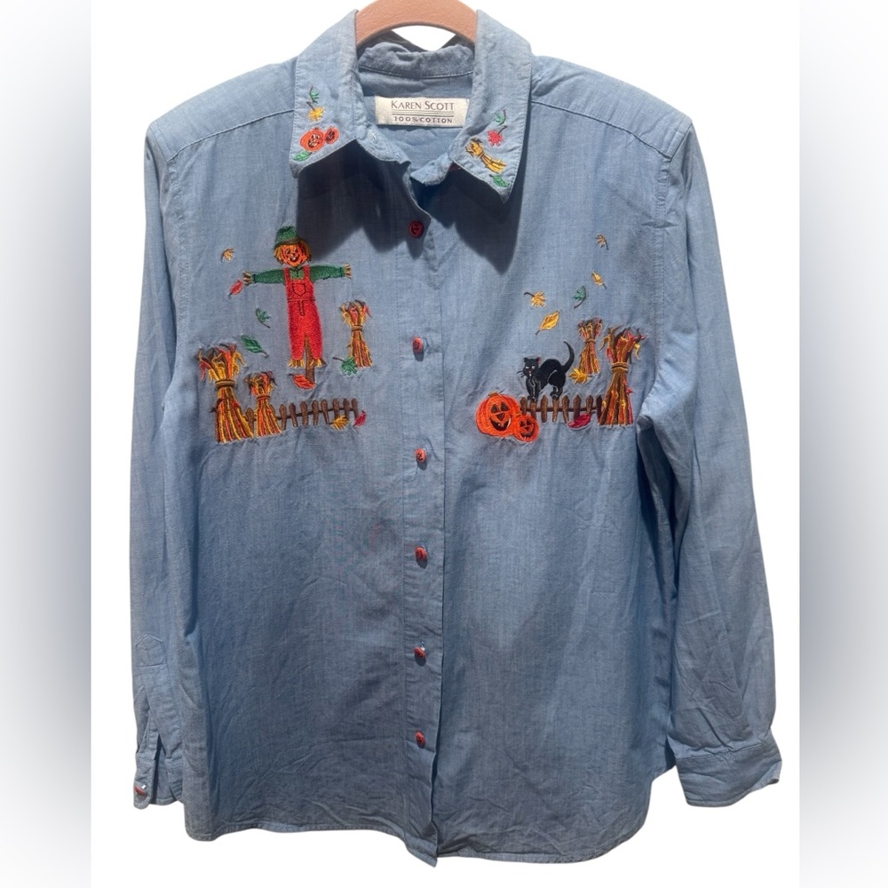 Karen Scott Light Blue Embroidered Button-Down Shirt